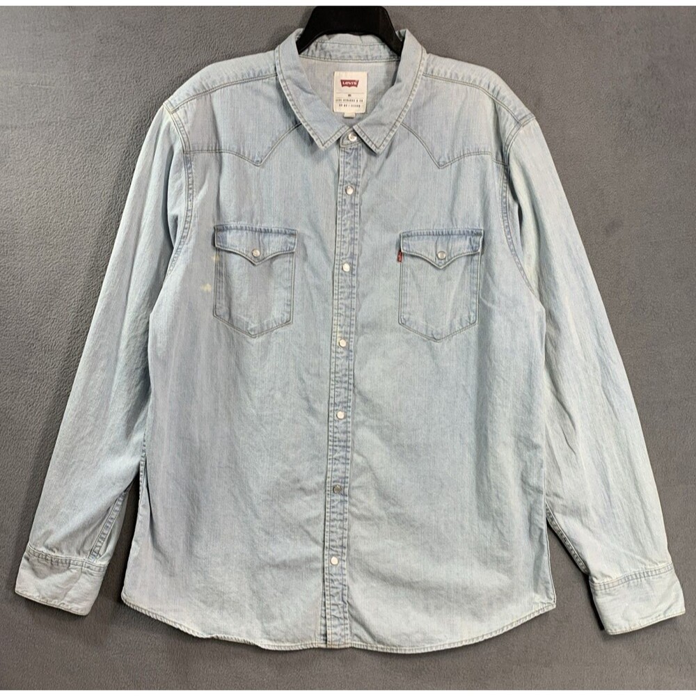 Levi's Western Denim Shirt Mens XXL Light Wash Blue Pearl Snap Long Sleeve
